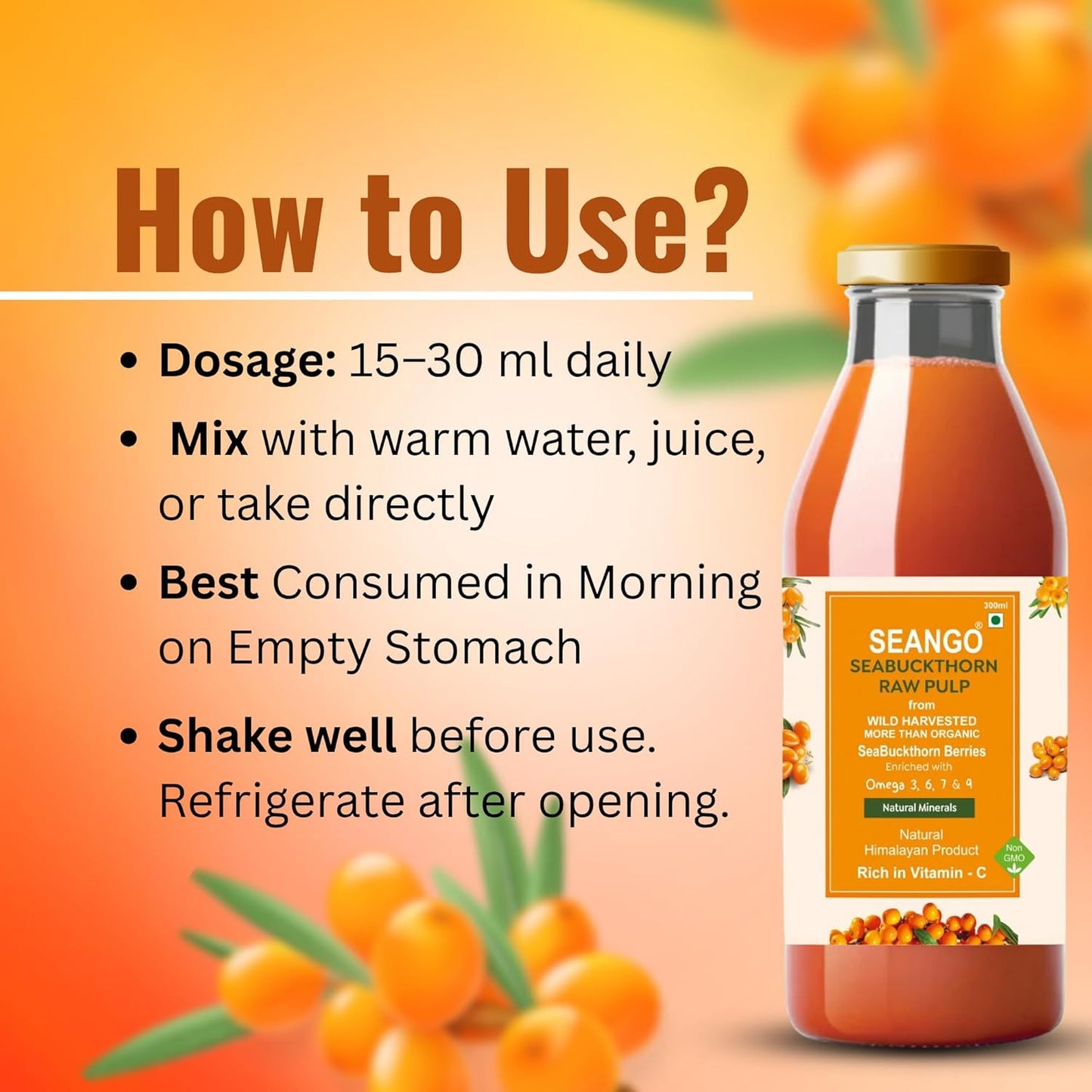 SEANGO® Himalayan Sea Buckthorn Pulp Juice 300ml || omega 3,6,7,9 || pure & natural || vegan|| skin care|| immunity and gut support || raw pulp (pack of-2)