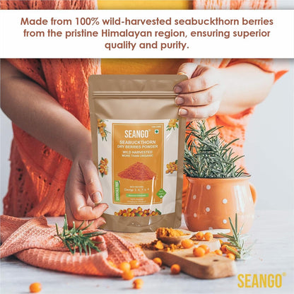 SEANGO | Organic Sea buckthorn Berry Powder | Himalayan Dried Berries | Collagen | Fiber | Vitamins | Omegas - 3,6,7,9, Flavonoids| 100 gms