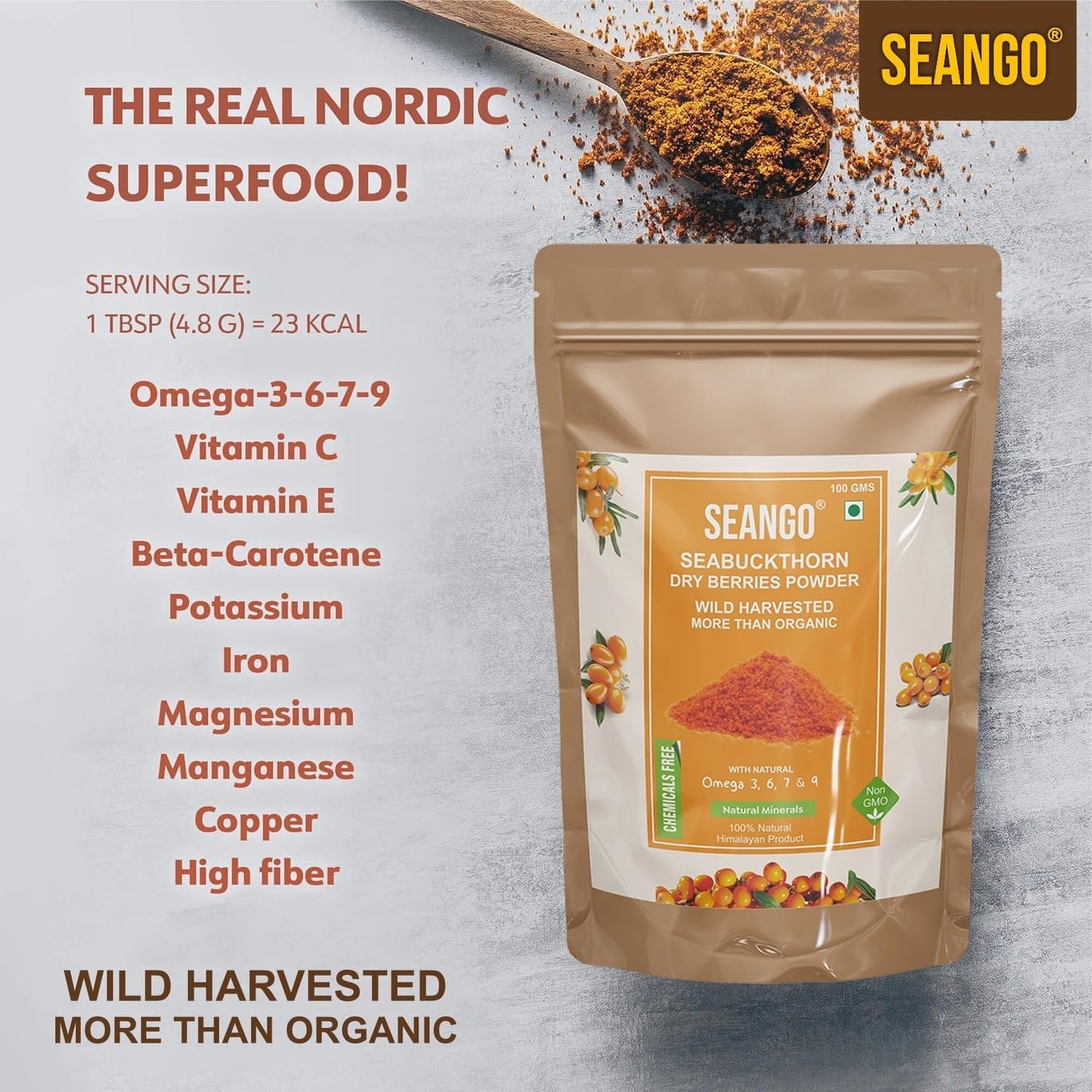 SEANGO | Organic Sea buckthorn Berry Powder | Himalayan Dried Berries | Collagen | Fiber | Vitamins | Omegas - 3,6,7,9, Flavonoids| 100 gms