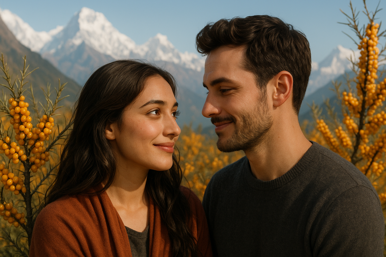 genarate beautiful couple face focus and bacround himalayan with sea buckthorn fruits 