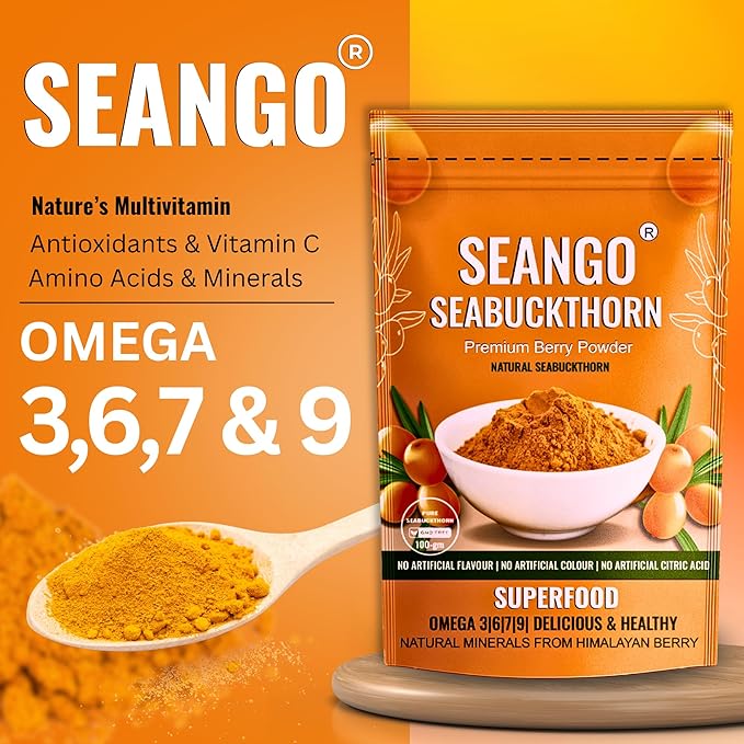 SEANGO Himalayan Pure Sea Buckthorn Premium Dry Berries Powder,| Rich in Omega 3, 6, 7, 9 | Collagen, Fiber, Vitamin C, Vitamin E | NON GMO (100, Gram)