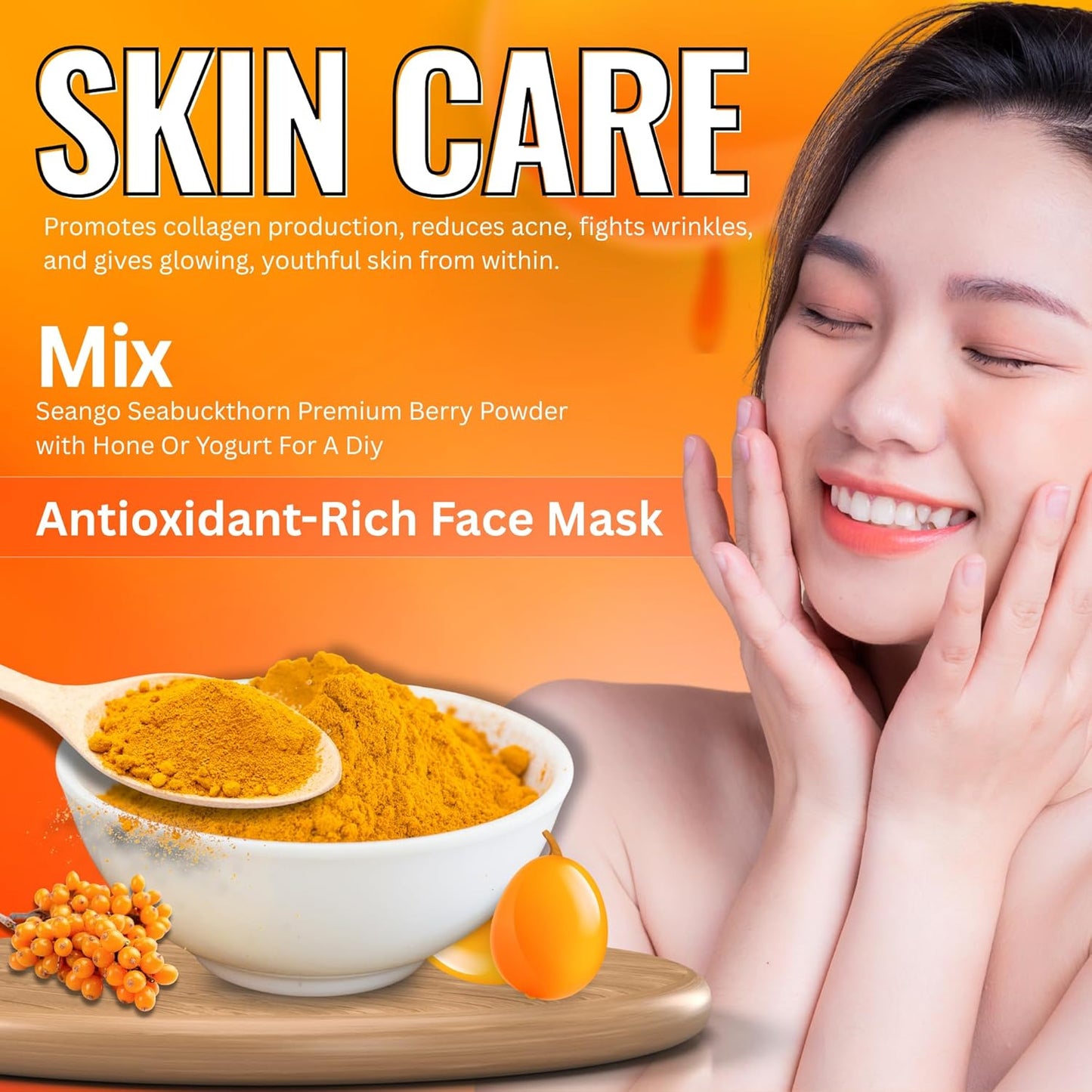 SEANGO Himalayan Pure Sea Buckthorn Premium Dry Berries Powder,| Rich in Omega 3, 6, 7, 9 | Collagen, Fiber, Vitamin C, Vitamin E | NON GMO (100, Gram)