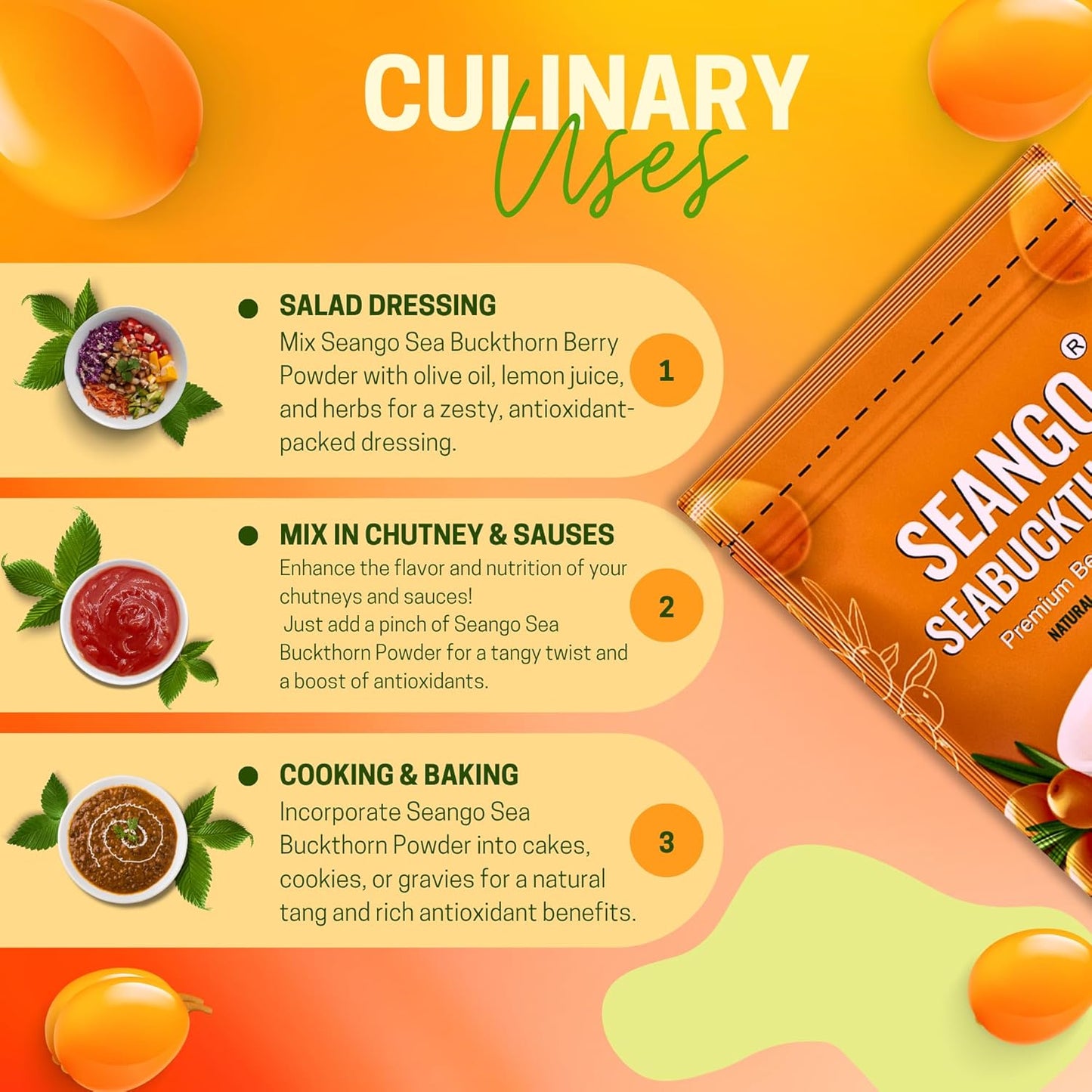 SEANGO Himalayan Pure Sea Buckthorn Premium Dry Berries Powder,| Rich in Omega 3, 6, 7, 9 | Collagen, Fiber, Vitamin C, Vitamin E | NON GMO (100, Gram)