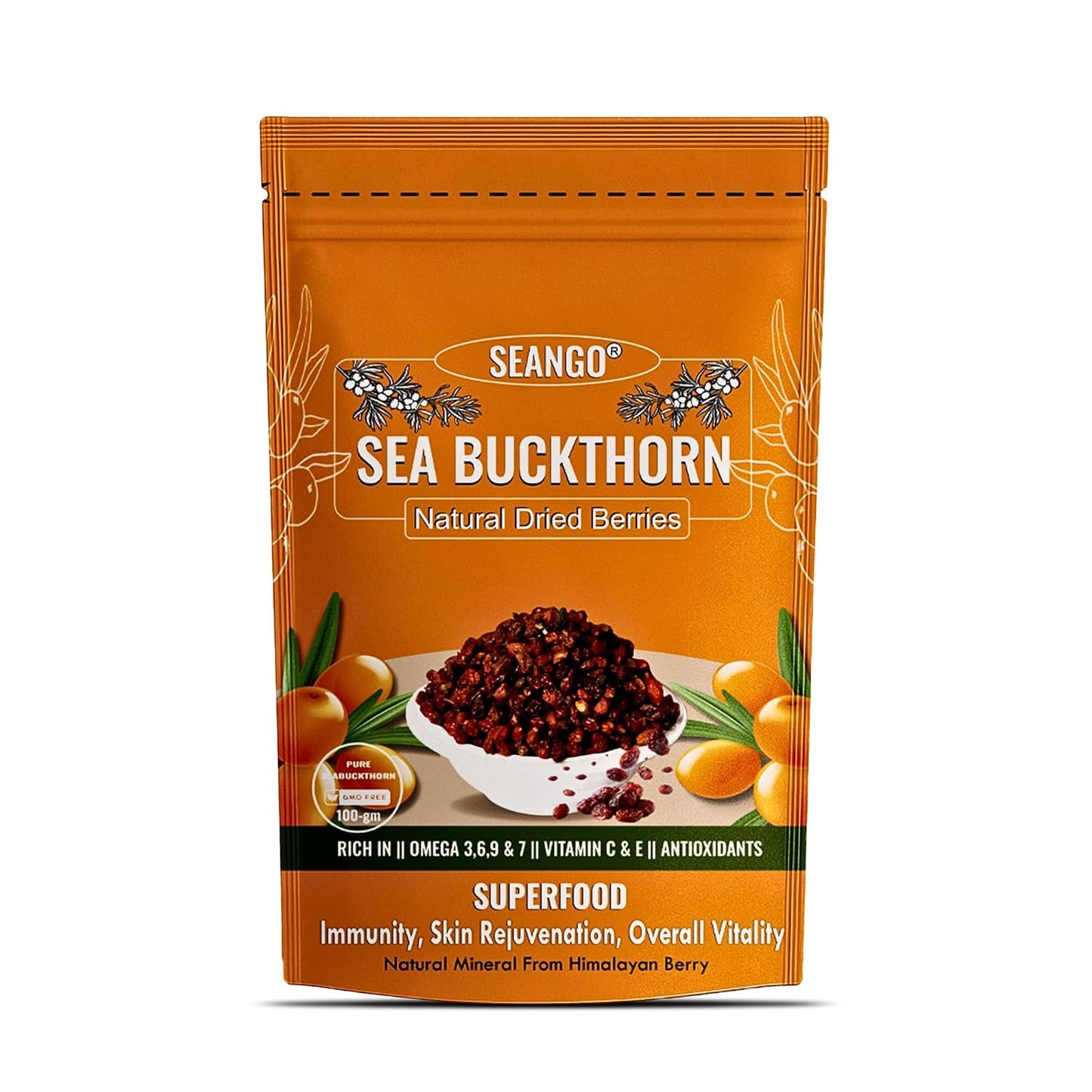 SEANGO® Sea Buckthorn Dried Berries, 100g, Natural Sun-Dried, Rich in Omega3,6,7 and 9, & Vitamin C, E and, No Added Sugar