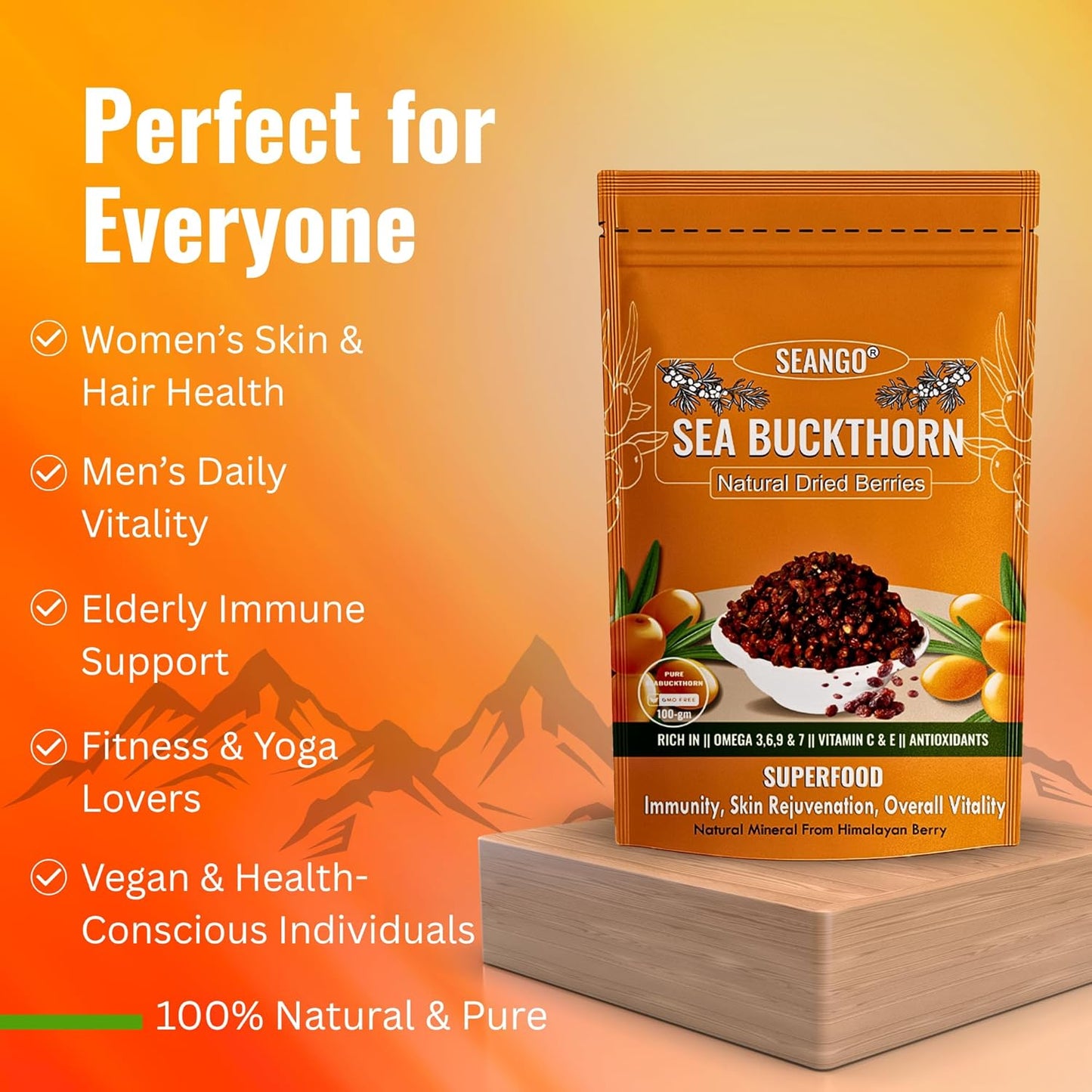 SEANGO® Sea Buckthorn Dried Berries, 100g, Natural Sun-Dried, Rich in Omega3,6,7 and 9, & Vitamin C, E and, No Added Sugar