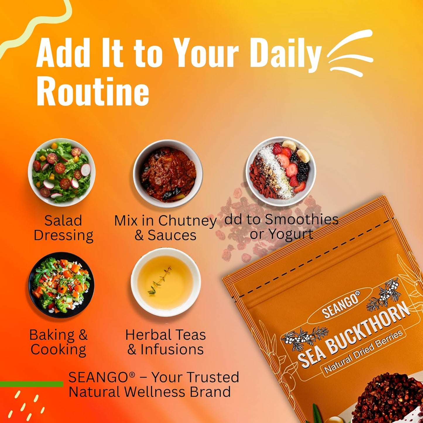 SEANGO® Sea Buckthorn Dried Berries, 100g, Natural Sun-Dried, Rich in Omega3,6,7 and 9, & Vitamin C, E and, No Added Sugar