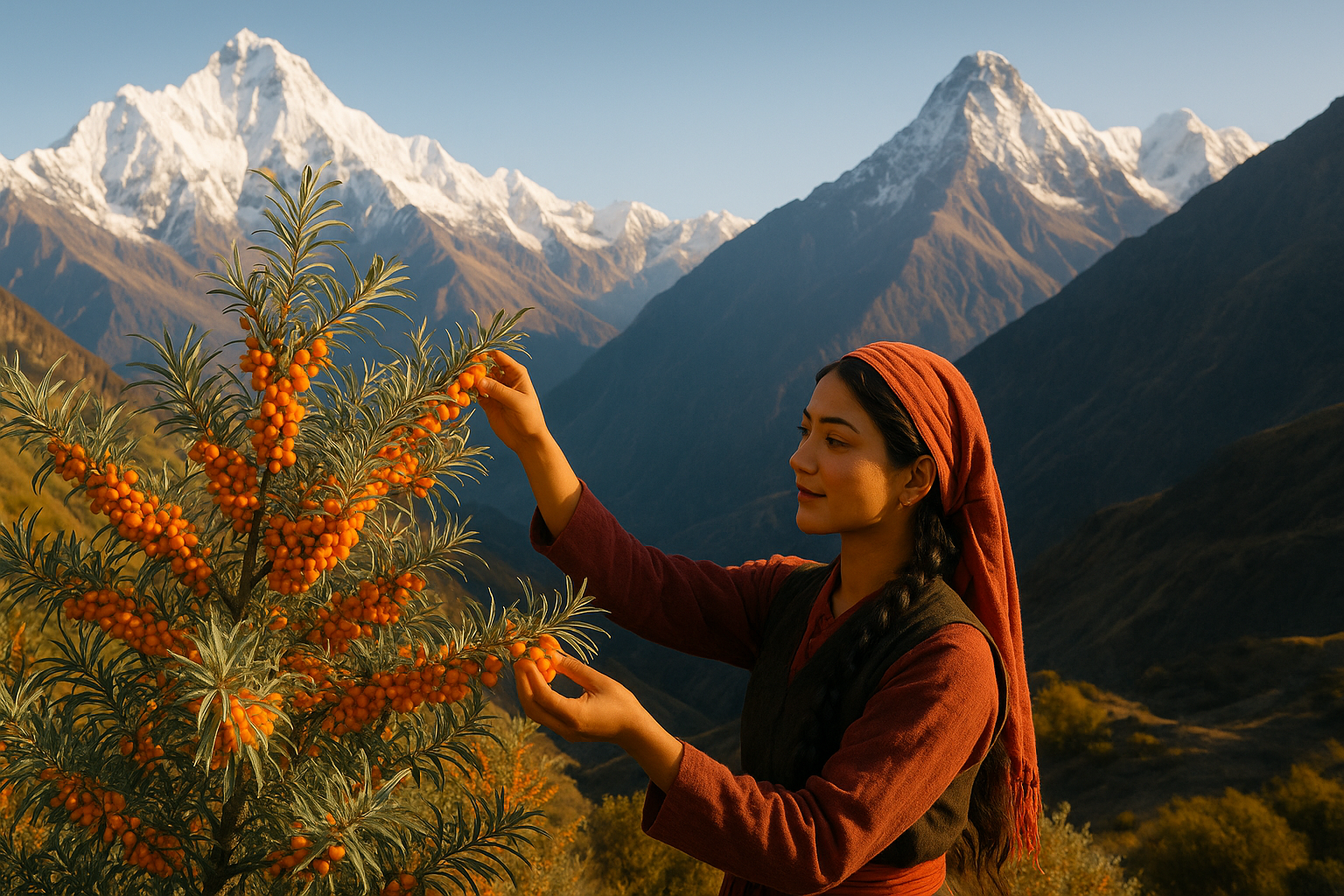 Make A banner which backround himalay and seabuckthorn tree , a beautyful girl collecting seabuckthorn fruit 