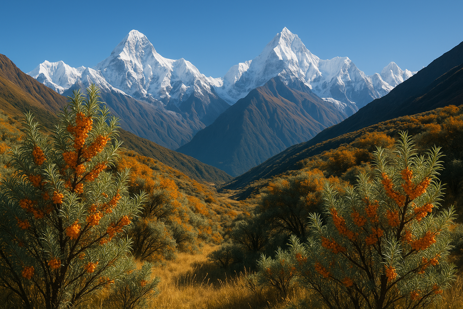 make a beautiful nature image with backround himalayan and seabuckthorn trees 