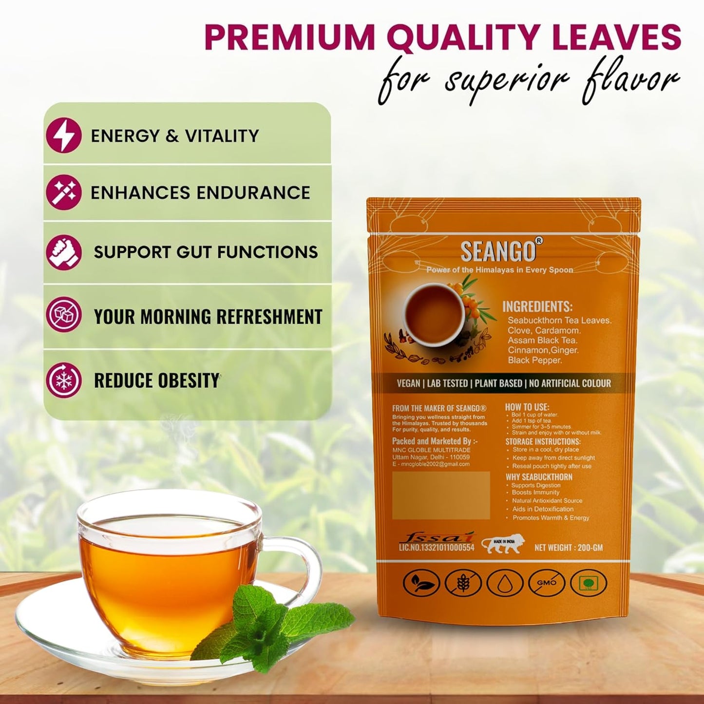 SEANGO® Seabuckthorn Black Masala Tea with Himalayan Herbs, Assam Black Tea, Ginger, Cinnamon, 200g