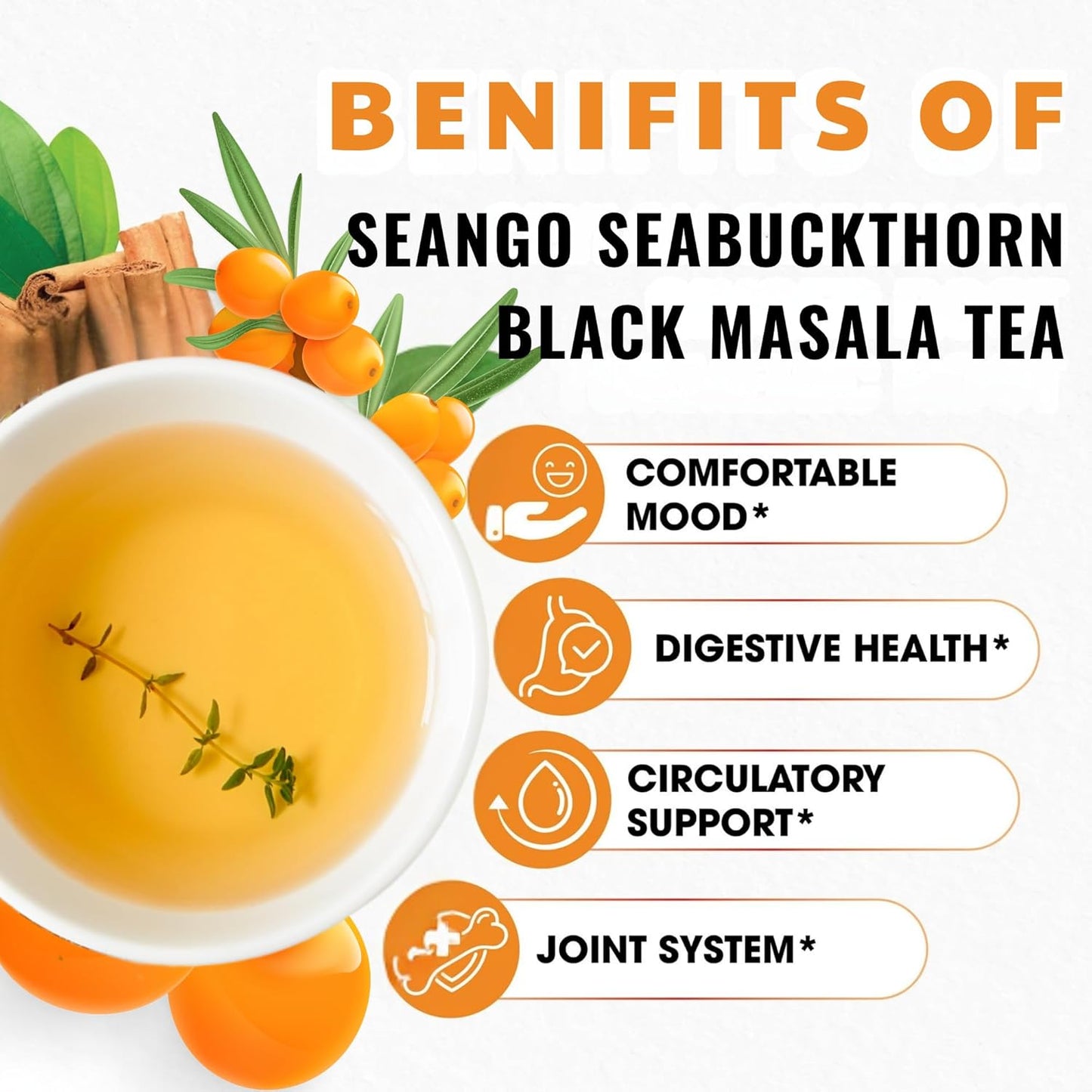 SEANGO® Seabuckthorn Black Masala Tea with Himalayan Herbs, Assam Black Tea, Ginger, Cinnamon, 200g
