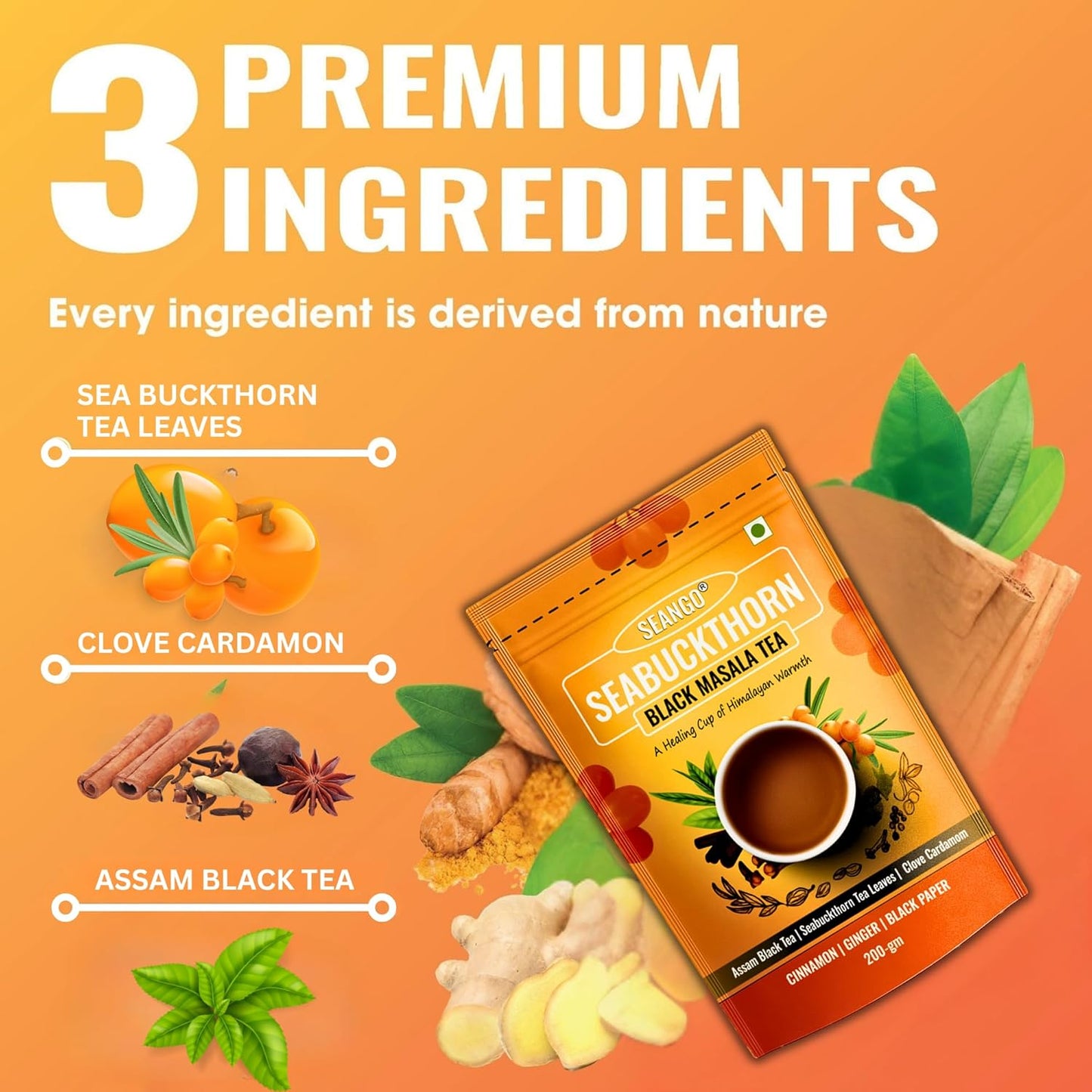 SEANGO® Seabuckthorn Black Masala Tea with Himalayan Herbs, Assam Black Tea, Ginger, Cinnamon, 200g