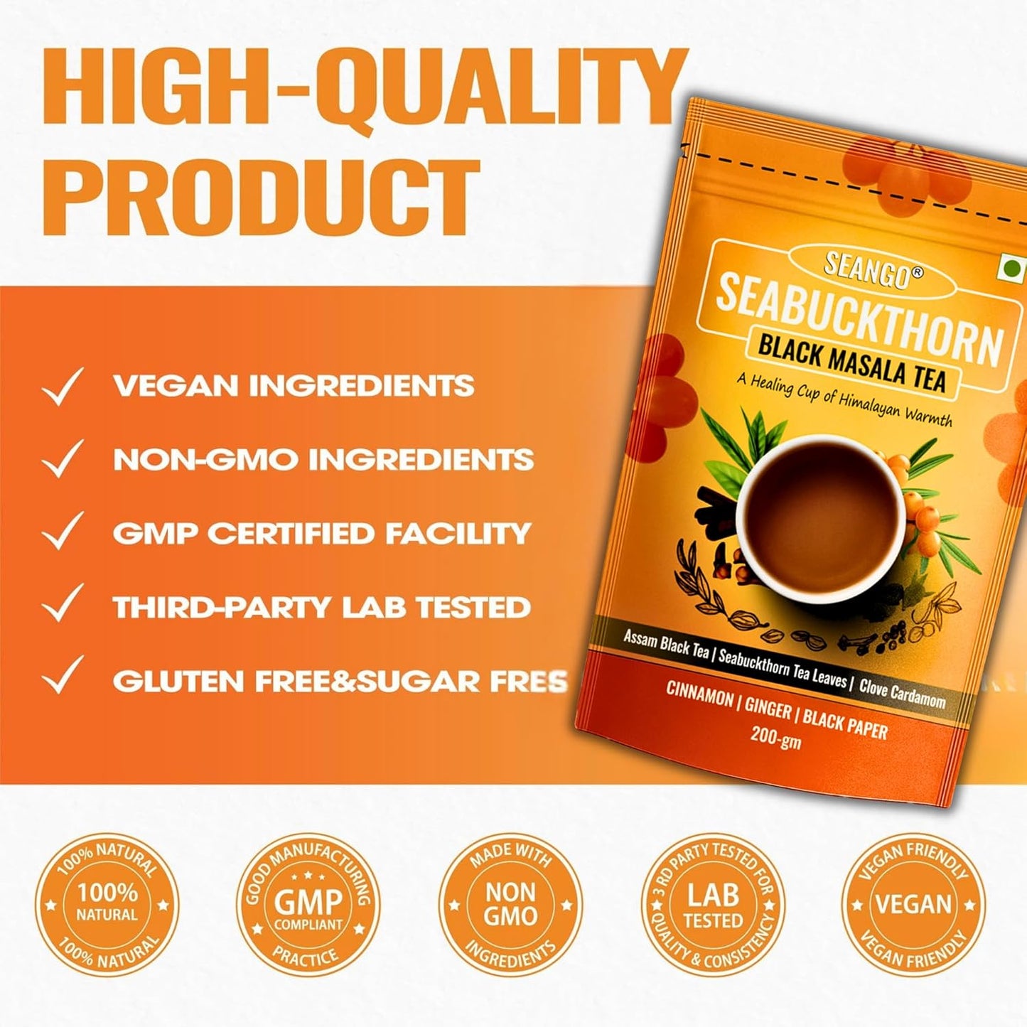 SEANGO® Seabuckthorn Black Masala Tea with Himalayan Herbs, Assam Black Tea, Ginger, Cinnamon, 200g