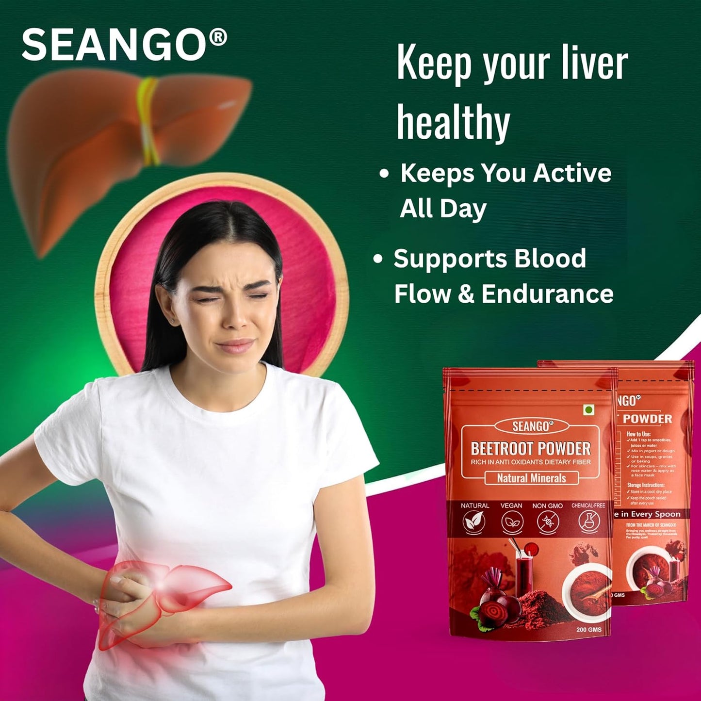 SEANGO® Beetroot Powder 200gm | Natural Support for Heart & Brain Function | Perfect for Beverages & Daily Nutrition | 100% Pure & Preservative-Free | for Men & Women