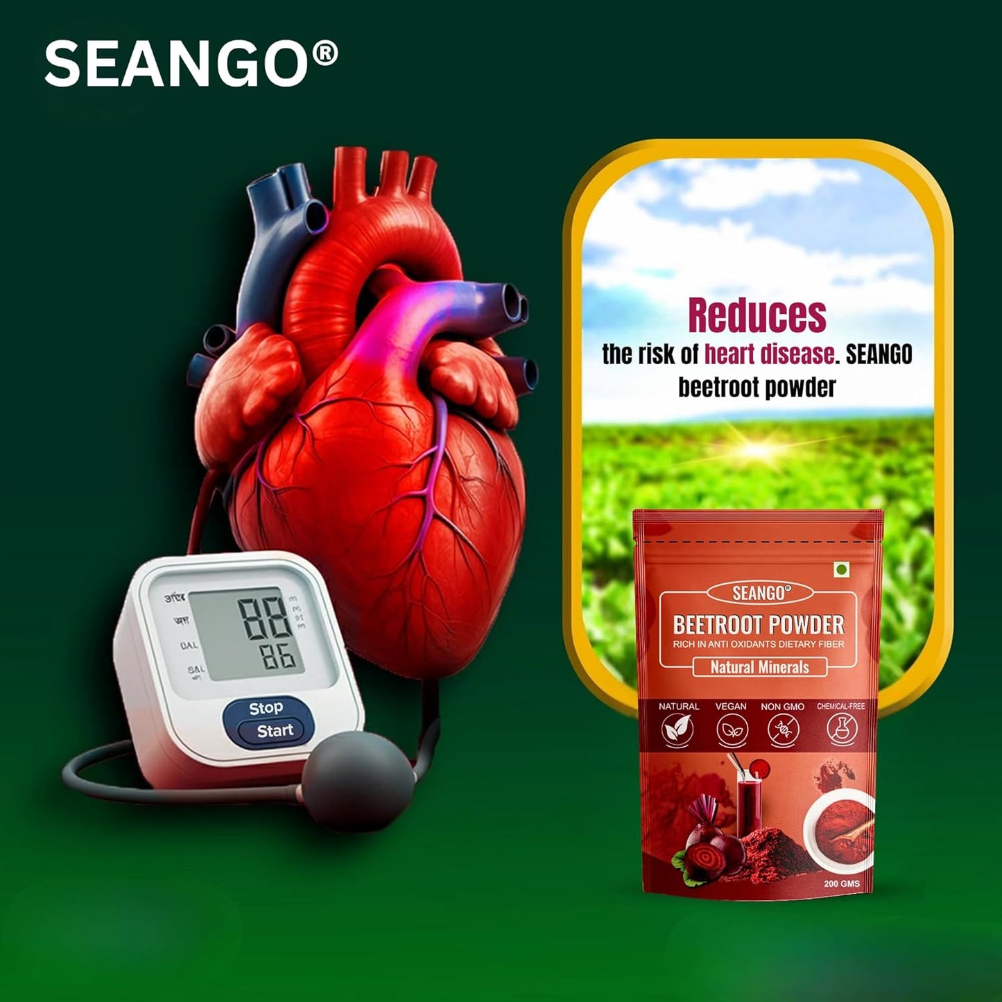 SEANGO® Beetroot Powder 200gm | Natural Support for Heart & Brain Function | Perfect for Beverages & Daily Nutrition | 100% Pure & Preservative-Free | for Men & Women