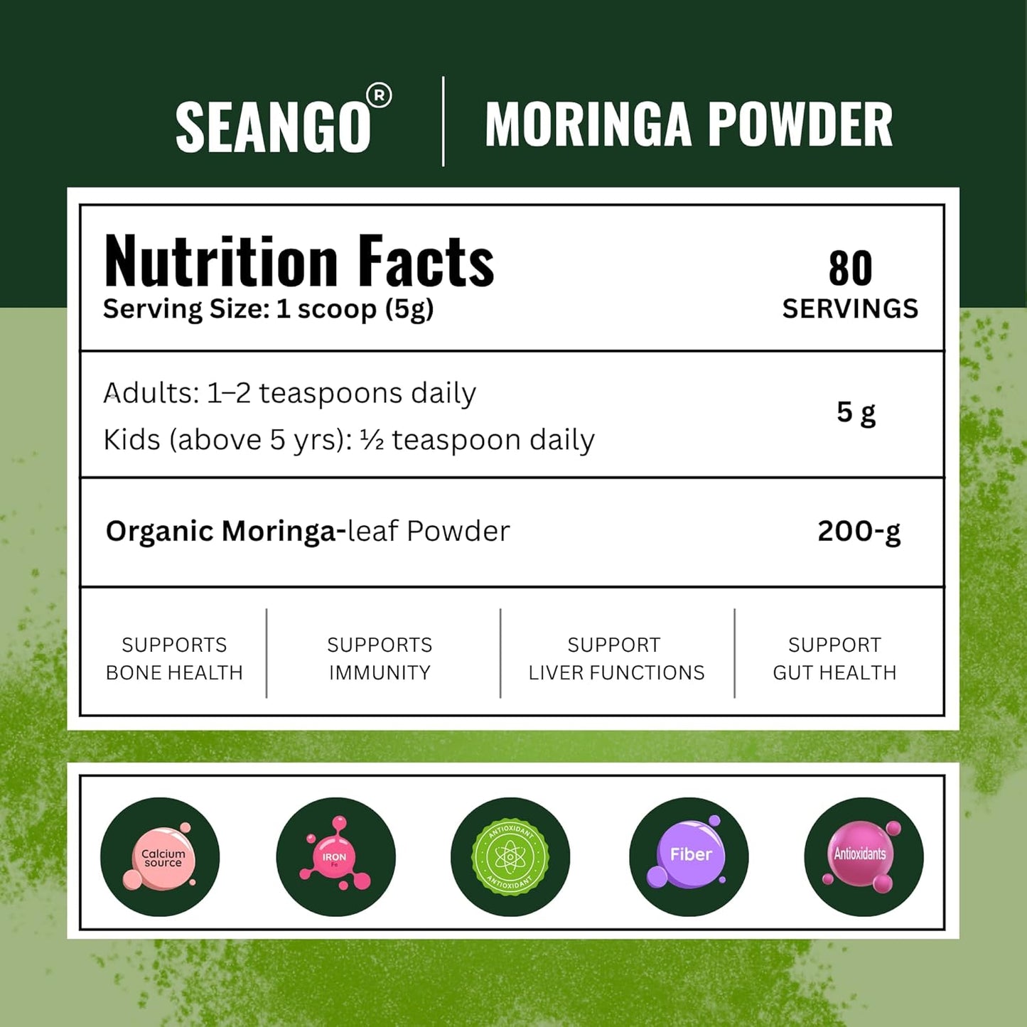 SEANGO® Organic Moringa Powder, 200g | Drumstick Leaf powder, Herbal Supplement, Immunity, Digestion & Energy, skincare and Haircare | Moringa| Munagaku | Pack of 1