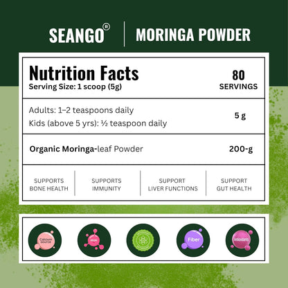 SEANGO® Organic Moringa Powder, 200g | Drumstick Leaf powder, Herbal Supplement, Immunity, Digestion & Energy, skincare and Haircare | Moringa| Munagaku | Pack of 1
