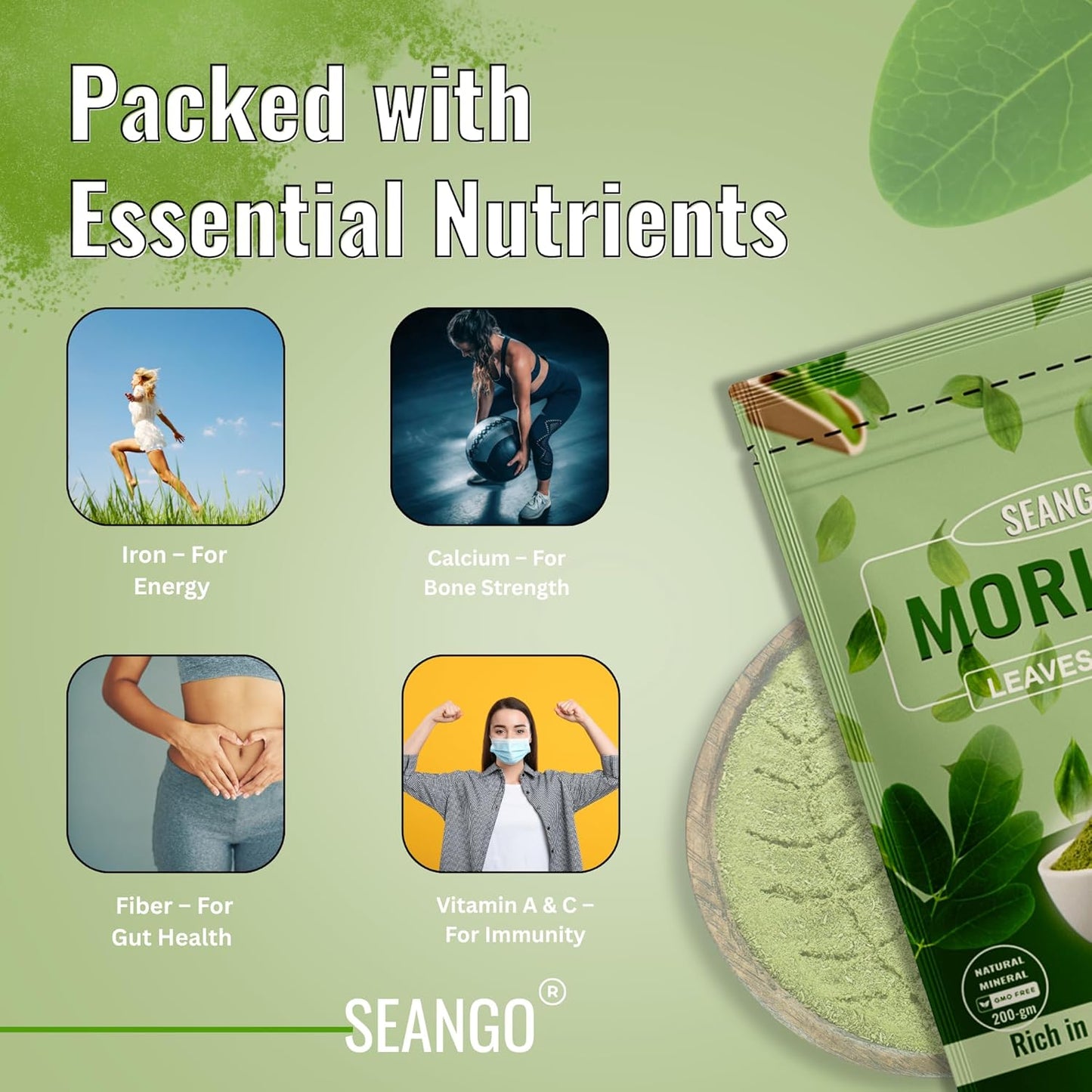 SEANGO® Organic Moringa Powder, 200g | Drumstick Leaf powder, Herbal Supplement, Immunity, Digestion & Energy, skincare and Haircare | Moringa| Munagaku | Pack of 1