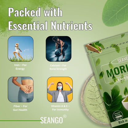 SEANGO® Organic Moringa Powder, 200g | Drumstick Leaf powder, Herbal Supplement, Immunity, Digestion & Energy, skincare and Haircare | Moringa| Munagaku | Pack of 1