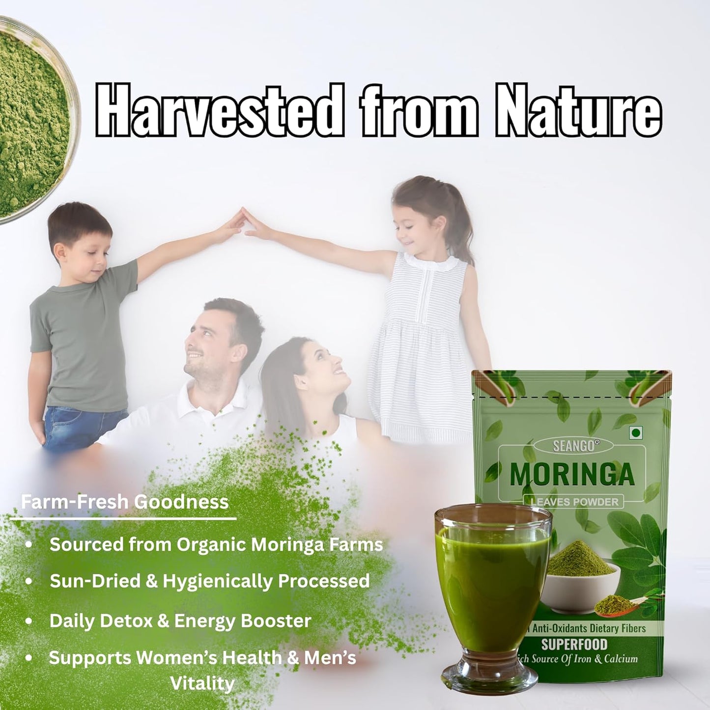 SEANGO® Organic Moringa Powder, 200g | Drumstick Leaf powder, Herbal Supplement, Immunity, Digestion & Energy, skincare and Haircare | Moringa| Munagaku | Pack of 1