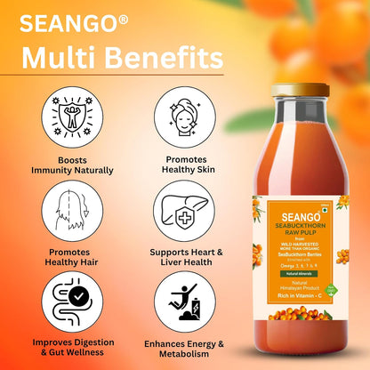 SEANGO® Himalayan Sea Buckthorn Pulp 300ml|pure & natural |Natural Vitamin C,Omega 3 6 7 9, Antioxidants|Immunity, Skin Glow & Gut Health| pure Juice Seabuckthorn (Pack of1)