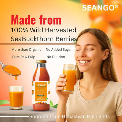 SEANGO® Himalayan Sea Buckthorn Pulp 300ml|pure & natural |Natural Vitamin C,Omega 3 6 7 9, Antioxidants|Immunity, Skin Glow & Gut Health| pure Juice Seabuckthorn (Pack of1)