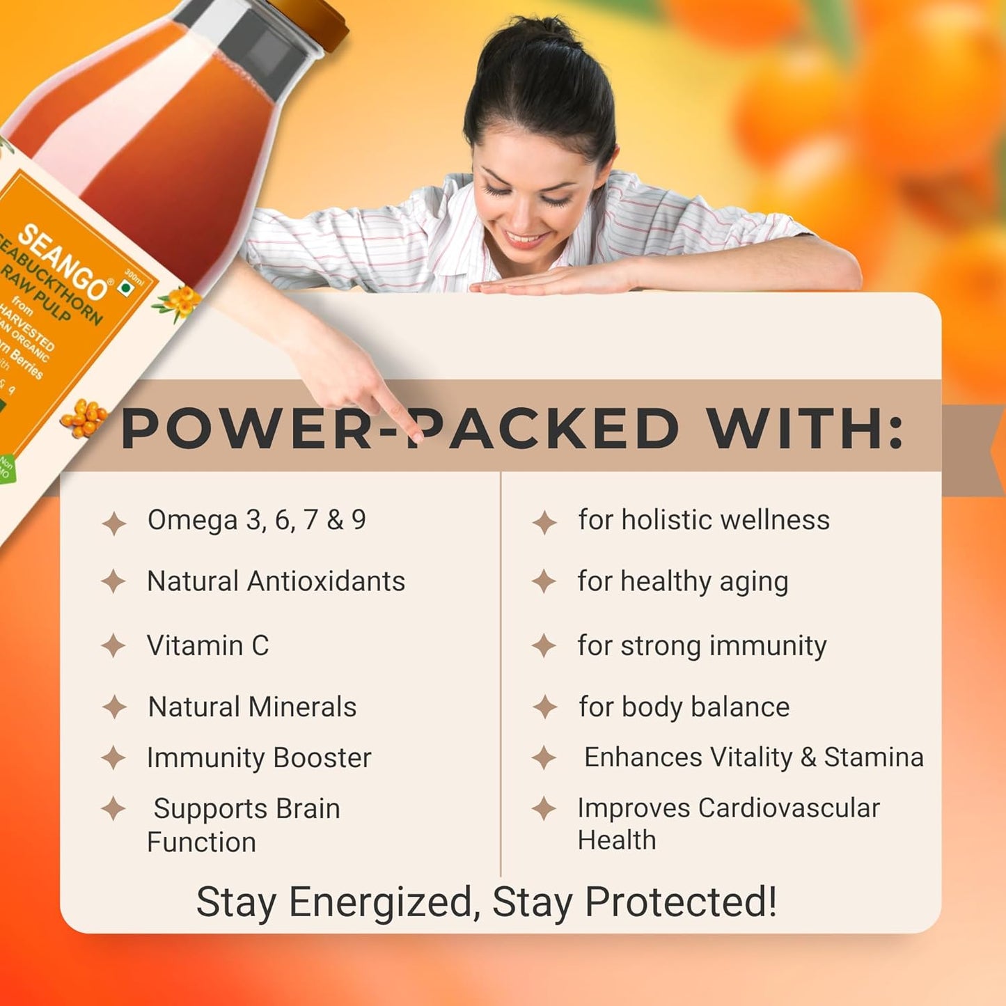 SEANGO® Himalayan Sea Buckthorn Pulp 300ml|pure & natural |Natural Vitamin C,Omega 3 6 7 9, Antioxidants|Immunity, Skin Glow & Gut Health| pure Juice Seabuckthorn (Pack of1)