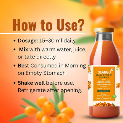 SEANGO® Himalayan Sea Buckthorn Pulp 300ml|pure & natural |Natural Vitamin C,Omega 3 6 7 9, Antioxidants|Immunity, Skin Glow & Gut Health| pure Juice Seabuckthorn (Pack of1)