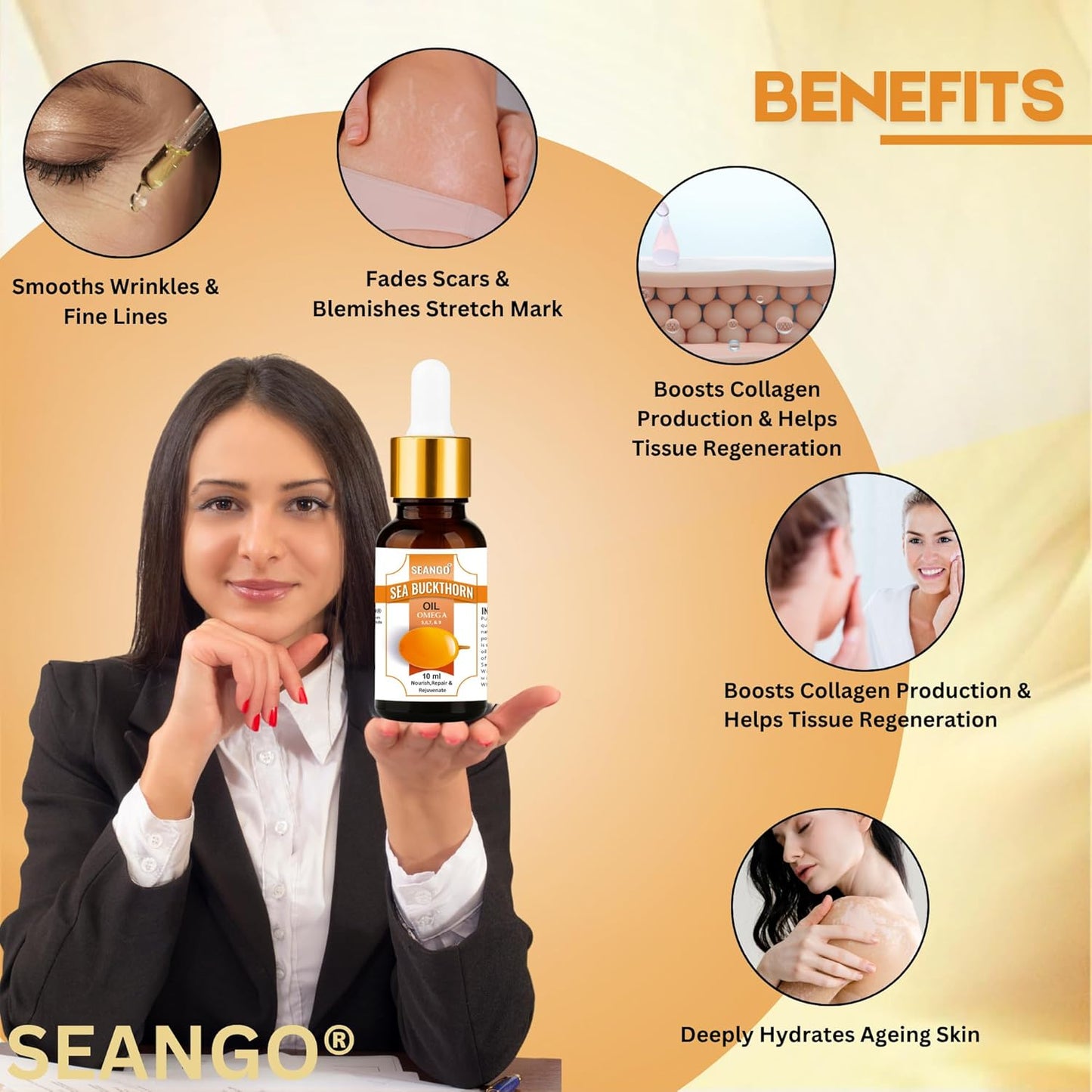 SEANGO® Sea Buckthorn Berry Oil 10-ml | Face & Hair oil | Nourishing Oil | Omega 3,6,7 & 9 | Collagen Boosting | Dull Skin & Fine Lines & Dark Spots | For Smooth, Glowing Skin (Pack of 1)