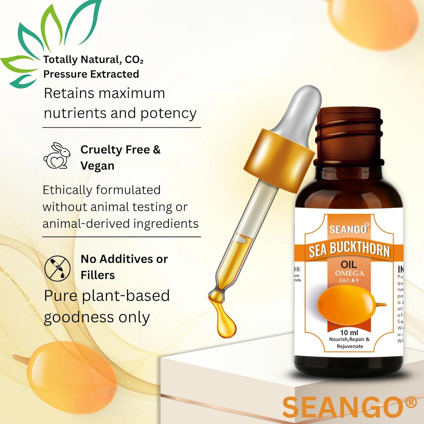 SEANGO® Sea Buckthorn Berry Oil 10-ml | Face & Hair oil | Nourishing Oil | Omega 3,6,7 & 9 | Collagen Boosting | Dull Skin & Fine Lines & Dark Spots | For Smooth, Glowing Skin (Pack of 1)