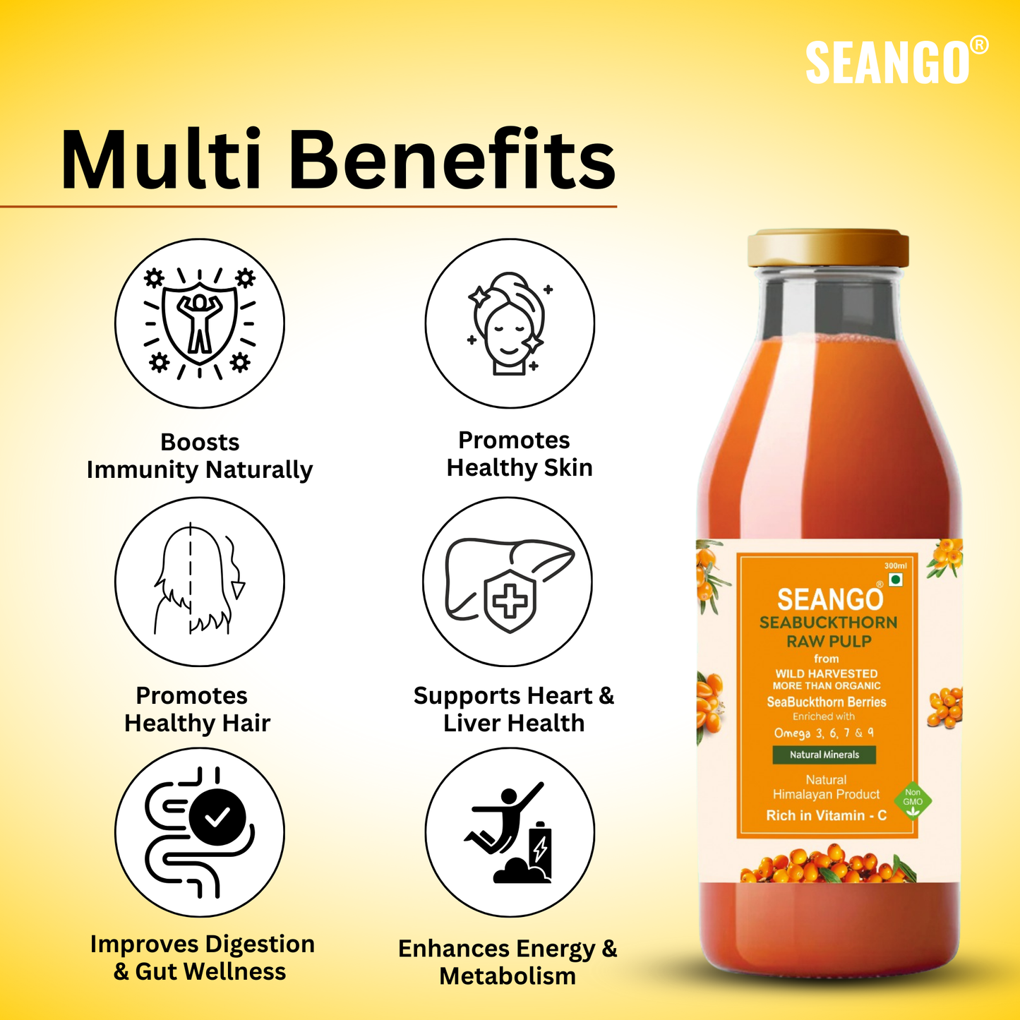 SEANGO® Himalayan Sea Buckthorn Pulp Concentrate 300ml | Cold-Pressed | Amino acids| Flavonoids  | Natural Vitamin C | Omega 3, 6, 7 ,9, |Antioxidants | Immunity Booster|Skin Glow & Gut Health Support | Seabuckthorn Juice pack -2