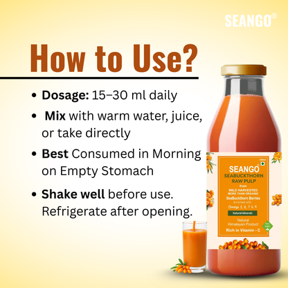 SEANGO® Himalayan Sea Buckthorn Pulp Concentrate 300ml | Cold-Pressed | Amino acids| Flavonoids  | Natural Vitamin C | Omega 3, 6, 7 ,9, |Antioxidants | Immunity Booster|Skin Glow & Gut Health Support | Seabuckthorn Juice pack -2