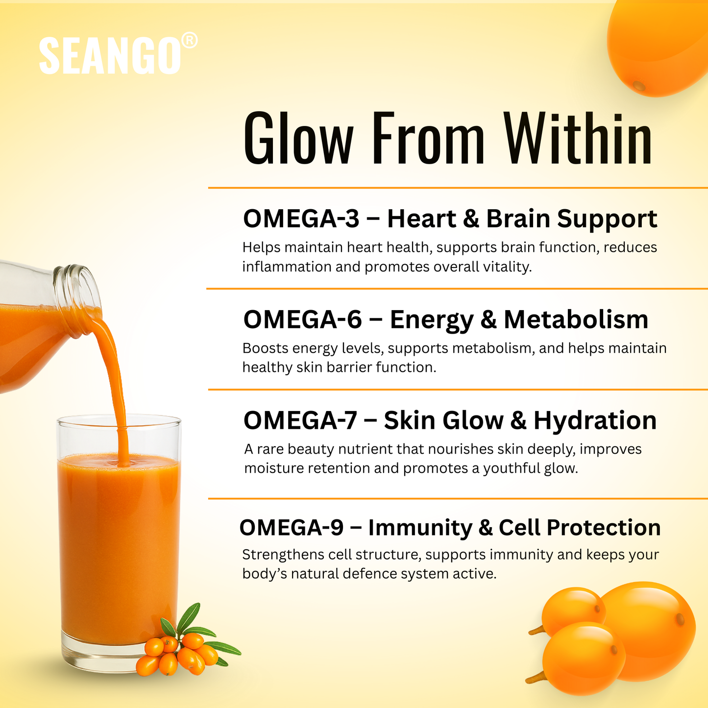 SEANGO® Himalayan Sea Buckthorn Pulp Concentrate 300ml | Cold-Pressed | Amino acids| Flavonoids  | Natural Vitamin C | Omega 3, 6, 7 ,9, |Antioxidants | Immunity Booster|Skin Glow & Gut Health Support | Seabuckthorn Juice pack -2