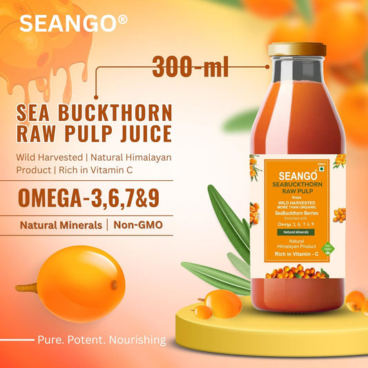 SEANGO® Himalayan Sea Buckthorn Pulp Juice 300ml || omega 3,6,7,9 || pure & natural || vegan|| skin care|| immunity and gut support || raw pulp  (pack of-2)